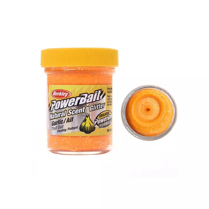 Berkley PowerBait Natural Glitter Trout Bait Garlic Fluo Orange 50g betespasta - Fiske agn - 028632022665 - 1